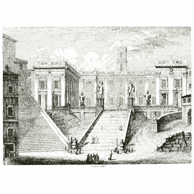 Capitoline steps and statues 02 - Raccolta di 50 Vedute Antiche e Moderne della Citta di Roma - 1800