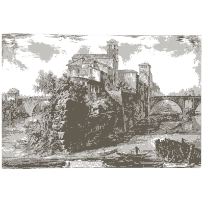 Walled river island and bridge - Vedute di Roma - 1778