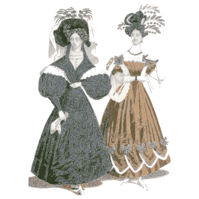 Two women in fur-trimmed gowns and feathered headdresses - Dame Fashion: Paris-London, 1786-1912 - 1913