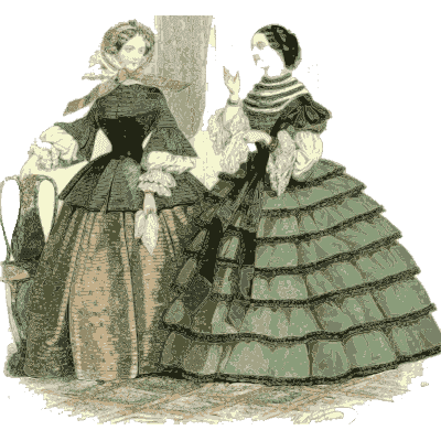 Two women in flounced crinolines and bonnets - Dame Fashion: Paris-London, 1786-1912 - 1913