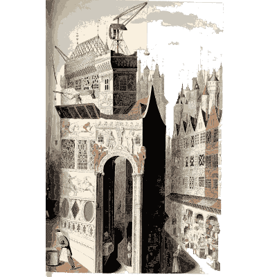 Town gateway and gabled houses - Dresses and Decorations of the Middle Ages - 1843