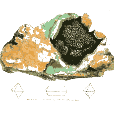 Green and orange crusted lump with octahedra - British Mineralogy, Volume 2 - 1806