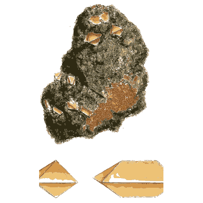 Orange wedge crystals in dark rock - British Mineralogy, Volume 2 - 1806