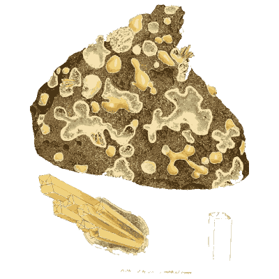 Dark rock with yellow blade crystals - British Mineralogy, Volume 3 - 1809