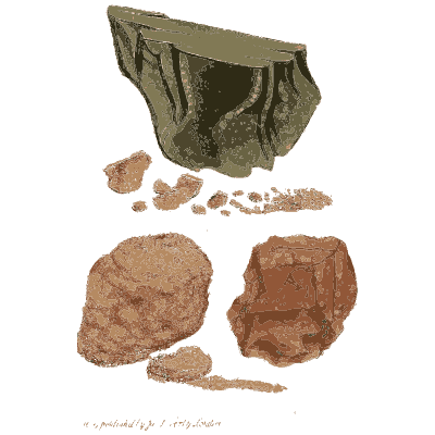 Dark cleaved block and red-brown pebbles - British Mineralogy, Volume 4 - 1811